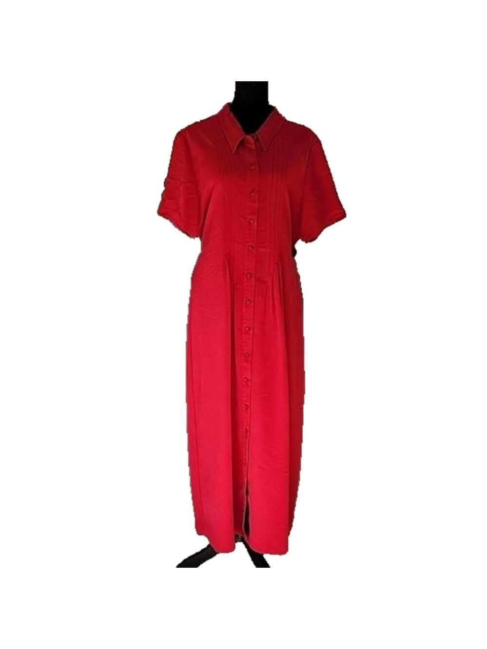 Vintage Cardinal Red Poly/Rayon Buttonfront Pintuck Shirt Dress Size Large EUC
